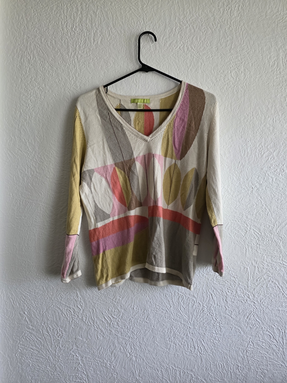 Sigrid Olsen Cream Multicolor V-Neck Long Sleeve Top